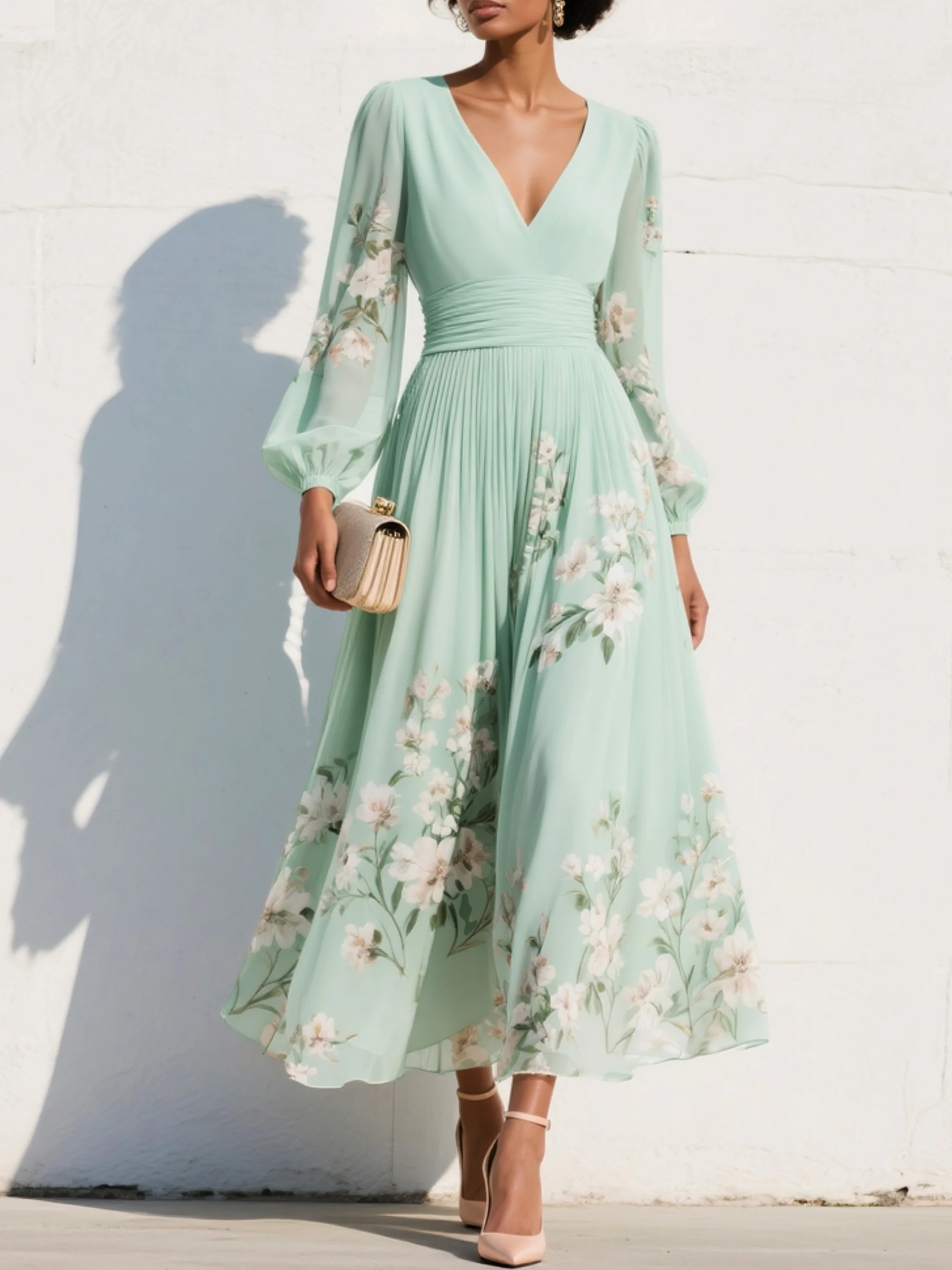 Racheal | Robe midi fleurie vert menthe