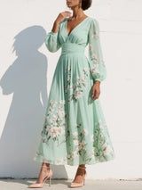 Racheal | Robe midi fleurie vert menthe