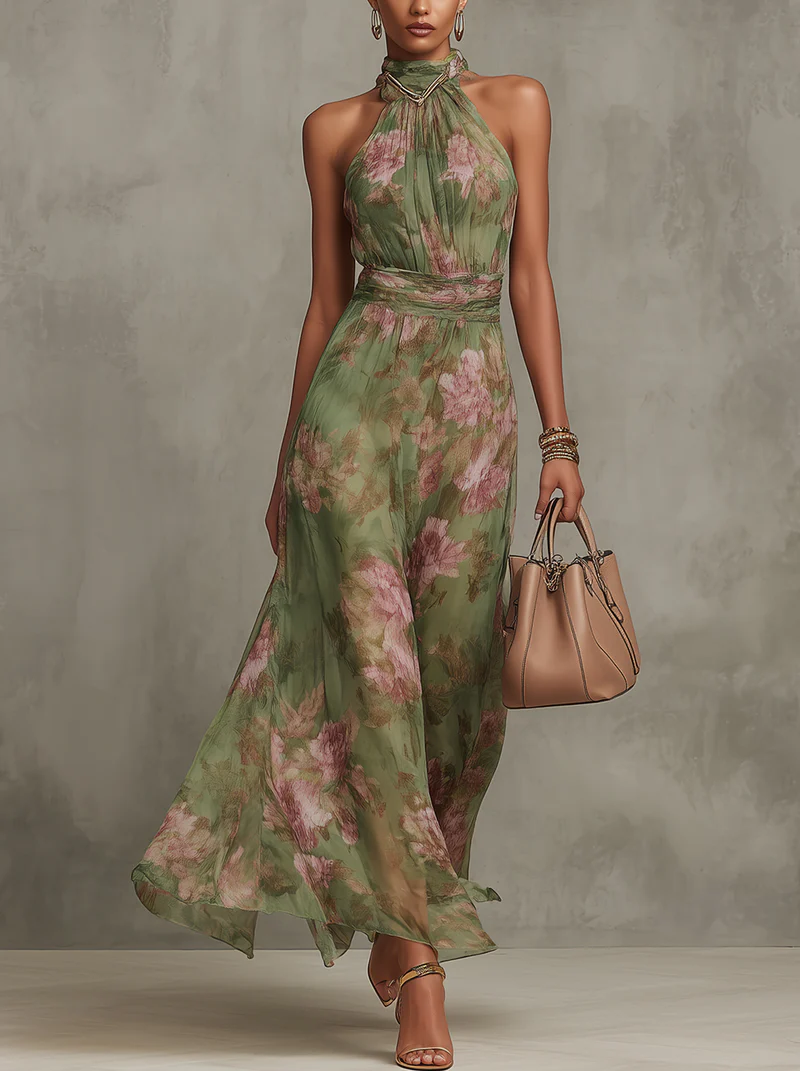 Jaycee | Robe longue dos nu à fleurs aquarelle