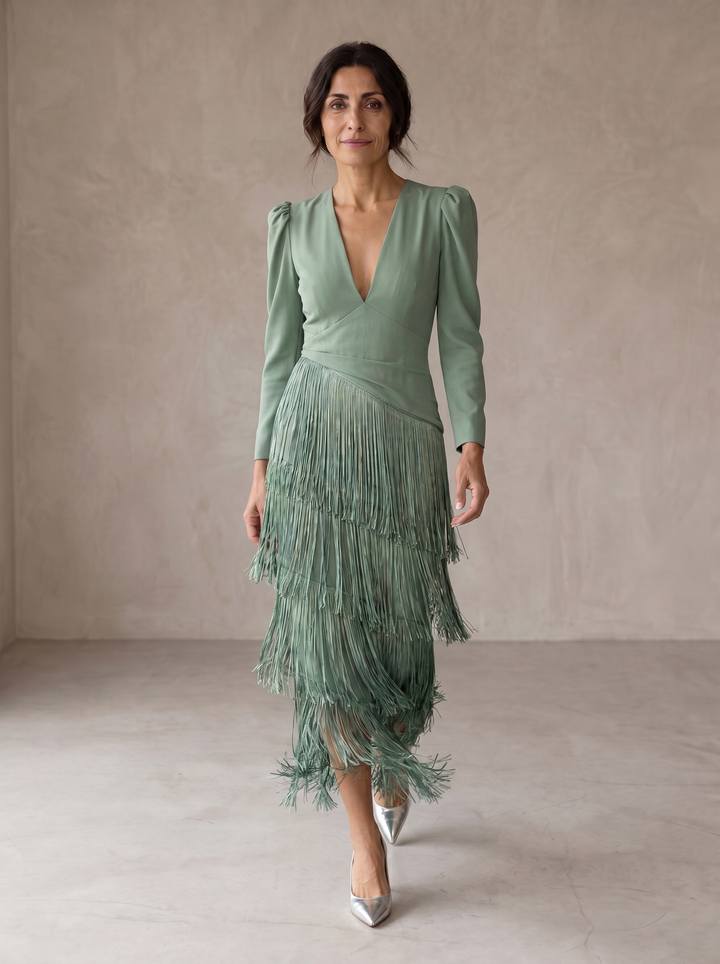 Kristine | Robe midi à manches frangées
